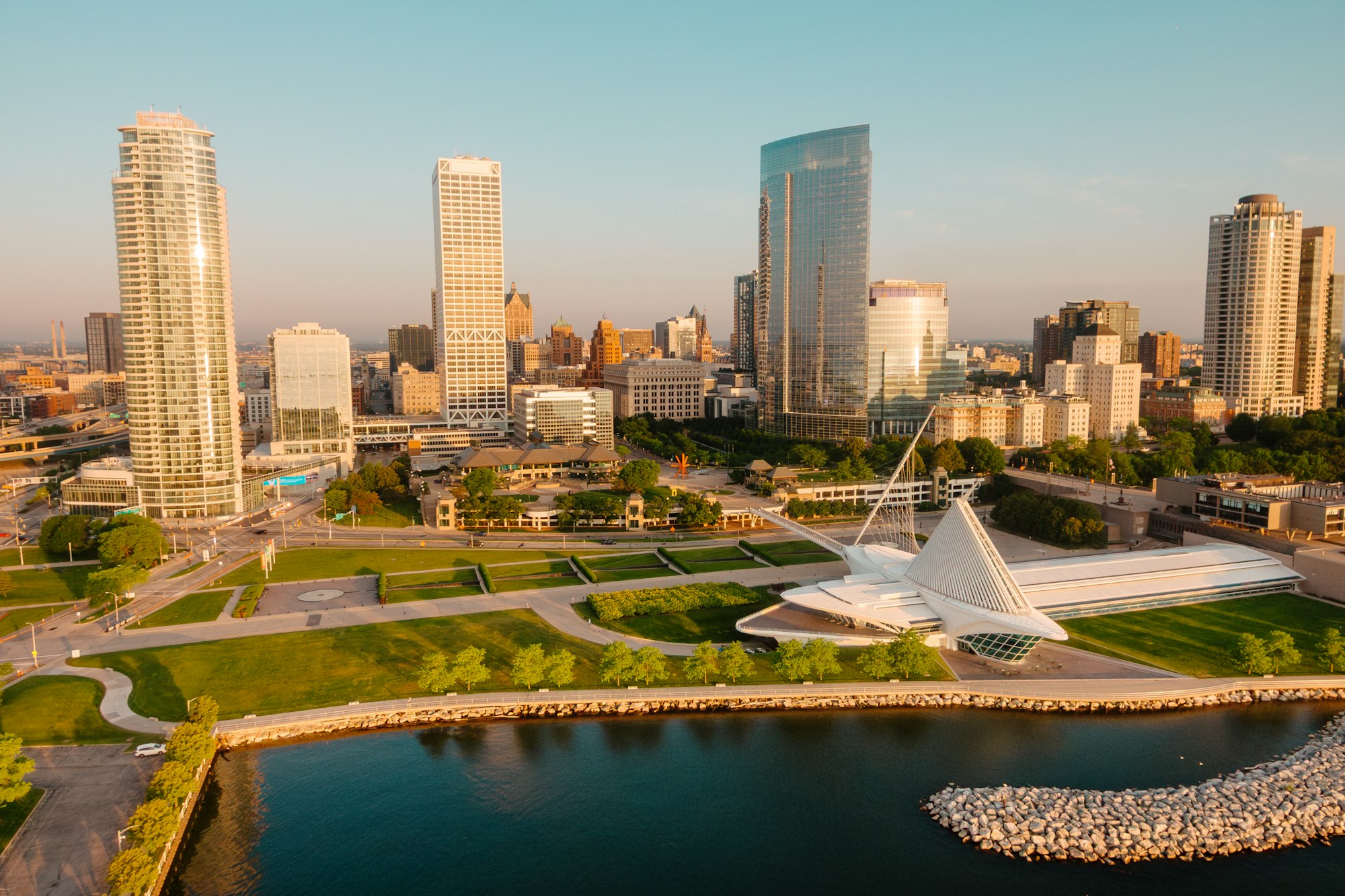Milwaukee skyline and Lake Michigan waterfront in morning light